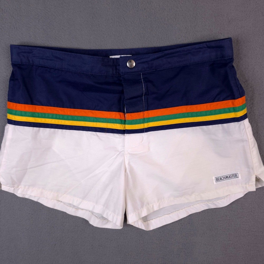 Beachmaster Vintage Mens Board Shorts 32 Blue White Rainbow Stripe USA Made 80's